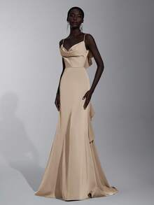 Elitara Elegant Champagne Color Ruffle Strap Bridesmaid Dress - Khaki - View 5