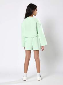 SUMWON Tween Girls Two Piece Matching Outfit Mint Green Number Print Crop Top Shorts Set Summer Casual Wear Weekend Streetwear Youth Fashion - Green - View 2