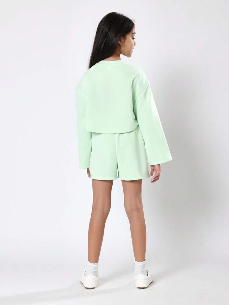 Number Print Crop Top And Shorts Set With Drawstring