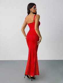 SHEIN Tall 女士纯色蕾丝紧身优雅性感约会夜紧身美人鱼连衣裙，万圣节服装 - 紅色 - 查看 3