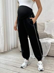 SHEIN 孕妇纯色侧条纹贴袋裤 - 黑色 - 查看 6