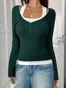 Zavorell 复古撞色长袖T恤休闲修身上衣欧美风秋季 - 墨綠色 - 查看 6