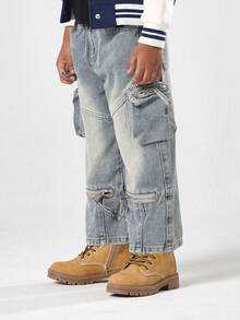 SUMWON Pantalones vaqueros cargo de pierna ancha para niños, de ajuste holgado, estilo urbano de moda, con múltiples bolsillos con cremallera, lavado vintage ligero, máximo confort para uso diario, para otoño e invierno - Azul - Ver 4