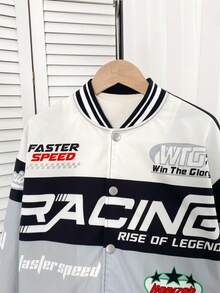 SHEIN Teen Boys Street Wear Bomber Jacket Biker Jacket Cool Letter Racing & Number Printed Zipper Jacket With Long Sleeves Haut Casual Comfortable Versatile Loose Fit Printed Jacket Baseball Jacket Fall Autumn And Winter - Multicolor - View 4