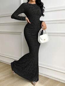 Veilorie Women's Solid Color Round Neck Pleated Fitted Long Sleeve Dress Long Black Elegant Dress - Black - View 3