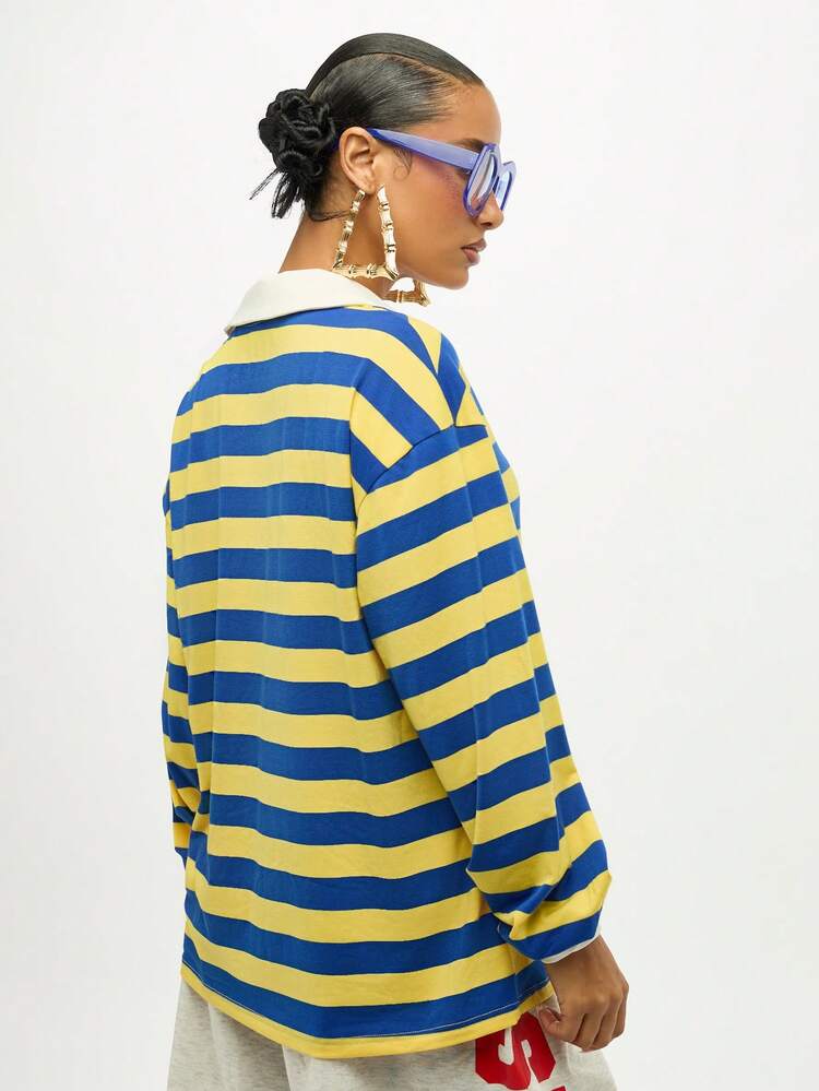 SUMWON WOMEN Striped Rugby Top With White Collar And Long Sleeves