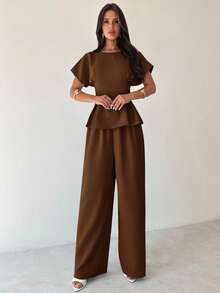 Firerie Conjunto de 2 piezas de verano para mujer: Blusa de manga corta con cuello redondo, plisada en la cintura, textura de bambú en color amarillo albaricoque + Pantalón ancho y suelto. Estilo retro, versátil para uso diario, oficina, aeropuerto, viajes. Elegante y sencillo para maestras, oficina, salidas.