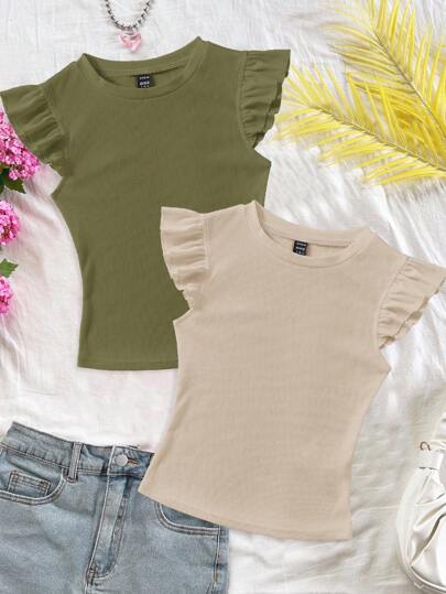SHEIN EZwear Set de 2 camisetas de manga con volantes de cuello redondo ajustadas de tela acanalada en verde y albaricoque, adecuadas para el verano