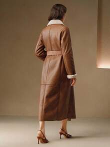 Anewsta 棕褐色仿毛皮领双排扣长款大衣，配腰带，优雅高档，秋冬款 - 咖啡棕 - 查看 7