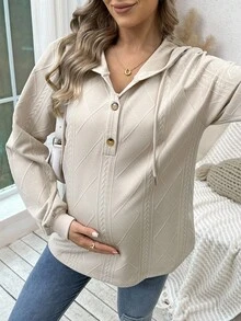 SHEIN 孕妇纽扣式抽绳插肩袖运动衫，适合冬季孕妇穿着 - 杏色 - 查看 4