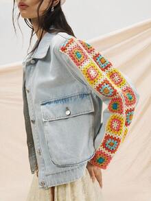 Easelle Veste en jean pour femmes avec manches en laine colorée, coutures, veste d'automne et d'hiver