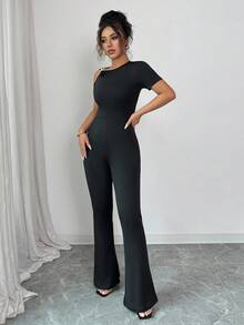 SHEIN Raffinéa Women's Solid Black Cutout Neck Metal Decor Bodycon Jumpsuit, Suitable For Daily Wear, Sexy, Fashionable, Unique SummerHoliday Sunny Journey Vacay VibesWomen's Autumn Clothingautumn Fall Clothes For Women Fall Autumn Clothes Fall Outfits For Women Autumn Outfits For Women Fall Clothes Autumn Women  Fall Women Clothes Autumn Clothing Elegant Fashionable Casual Commuting Business Office Daily Leisure All-Match Temperament Urban Teacher Professional Attire - Black - View 4