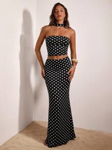 Opulessa Bộ 2 áo ba lỗ dáng ôm họa tiết chấm bi cổ điển dành cho nữ đi nghỉ mát & chân váy đuôi cá cạp thấp - màu đen - Xem 4