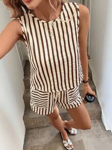 Easowa Women's Casual Striped Sleeveless Top And Pants 2 Pieces Set, Suitable For Summer Daily Wear