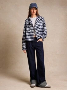 WESTFADE Gingham Notch Collar Double Breasted Boxy Fit Cropped Trench Coat Back To School Cute Fall Clothes
