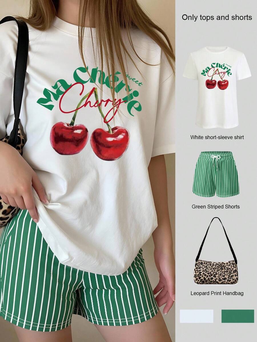 INAWLY Conjunto de 2 piezas de mujer de verano informal con blusa de manga corta con estampado de cerezas y shorts a rayas - Multicolor - Ver 1