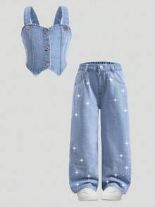 2 件套年轻女孩休闲舒适时尚度假风格牛仔裤和无袖短款上衣，柔软轻便，夏季 - 淺色水洗藍 - 查看 3