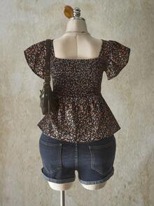 SHEIN ICON 加大码褶饰前片荷叶边短袖娃娃装上衣，适合夏季和度假 - 彩色 - 查看 2