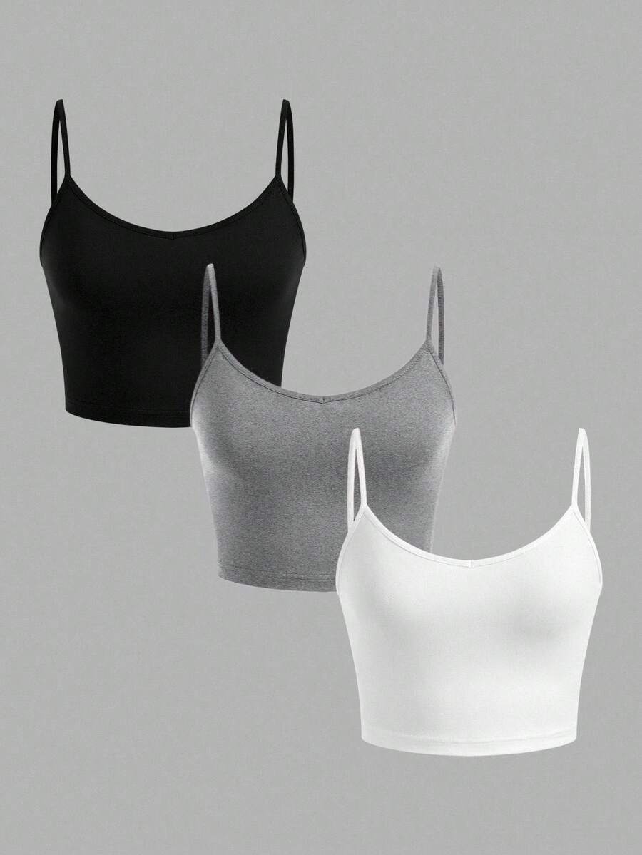 SHEIN EZwear 3 件装女式紧身短款吊带背心,黑色、深色碎花、灰色 - 适合夏季 - 彩色 - 查看 1