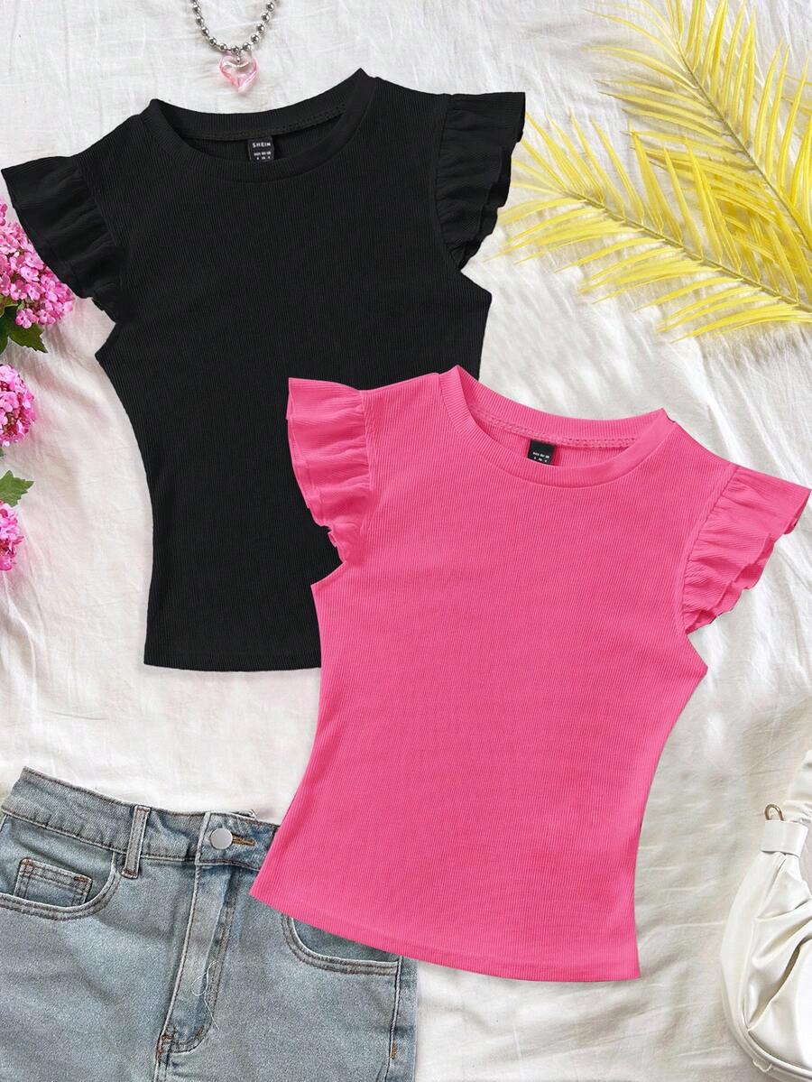 Soleia Bộ 2 áo thun cổ tròn bó sát vải gân đen và đỏ hồng, thích hợp mặc mùa hè, áo tay bồng dễ thương, áo tay bèo nhún, thích hợp mặc khi đi chơi - Nhiều màu - Xem 1