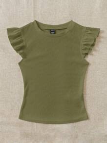 SHEIN EZwear 2pcs Green & Apricot Ribbed Fabric Round Neck Fitted T-Shirt Set With Flutter Sleeves, Suitable For Summer - Multicolor - View 9