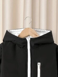 SHEIN Tween Boy Relaxed Fit Thickened Hooded Padded Coat, Winter Fall, Black Outwear - Black - View 6