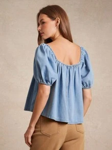 WESTFADE 方领蝴蝶结前褶 A 字形棉混纺牛仔短款泡泡袖上衣夏季海滩度假西部波西米亚牛仔风格早午餐 - 淺色水洗藍 - 查看 2