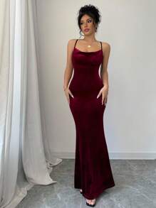 Rafferiza Váy nhung đỏ Burgundy thanh lịch dành cho nữ dự tiệc năm mới - Màu Đỏ Sâu - Xem 4