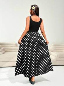 SHEIN EZwear 大码波尔卡圆点印花拼布无袖连衣裙