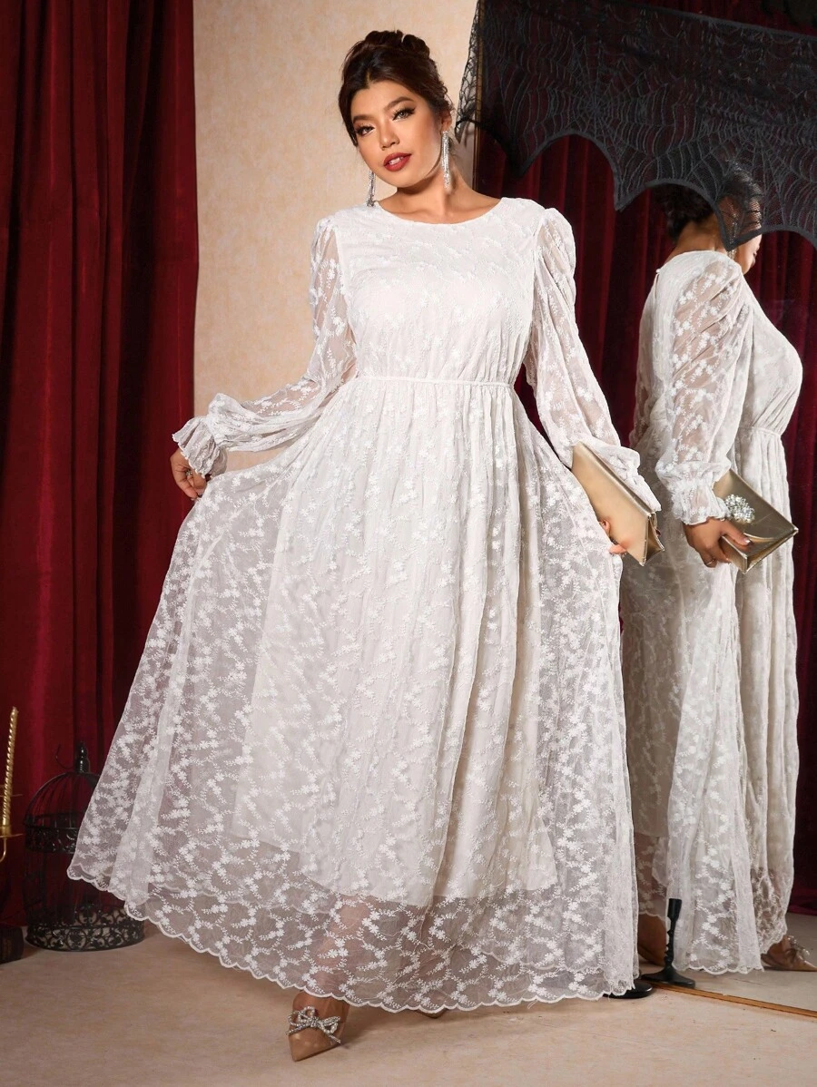 Cravure Christmas Plus Size Solid Color Round Neck Mesh Patchwork Elegant Long Sleeve Dress Fall Cloth For Women