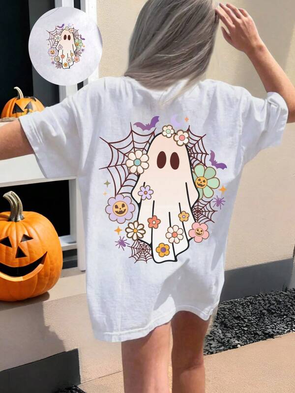 Camiseta blanca linda de Halloween para niña preadolescente, camiseta de dibujos animados de fantasmas para vacaciones de verano en la ciudad, camiseta gráfica kawaii cómoda de ajuste regular para niña preadolescente, blusa de tela