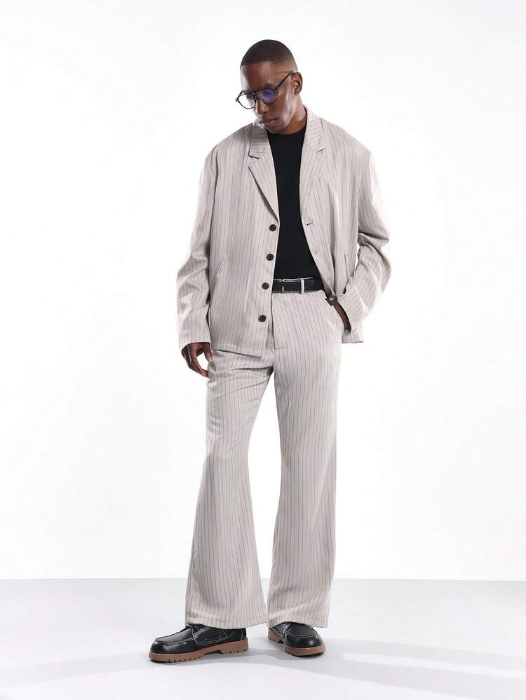 Relaxed Fit Pinstripe Blazer With Button Closure