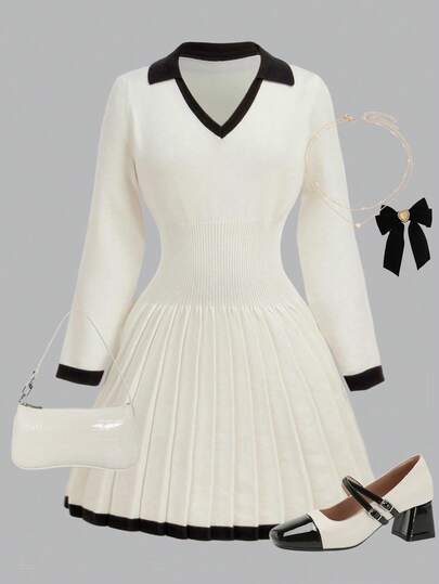 Girlism Tween Girls Colorblock V-Neck Pleated Casual Sweater Dress, Leisure And Loungewear Peter Pan Collar Dress Long Sleeve Dress Pleated Dress School Girl Dress Vintage Dress Autumn Winter Clothes For Women