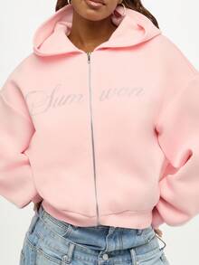 SUMWON WOMEN Full Zip Hoodie Cropped Sweatshirt With Drawstring Adjustable Hood Cozy Loungewear Pastel Fall Winter Essential Streetwear