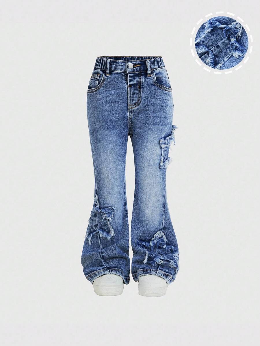 SHEIN Quần jean xanh nhạt rách cho bé gái, thêu hình ngôi sao, cạp chun, ống loe ôm sát - Rửa tối - Xem 1