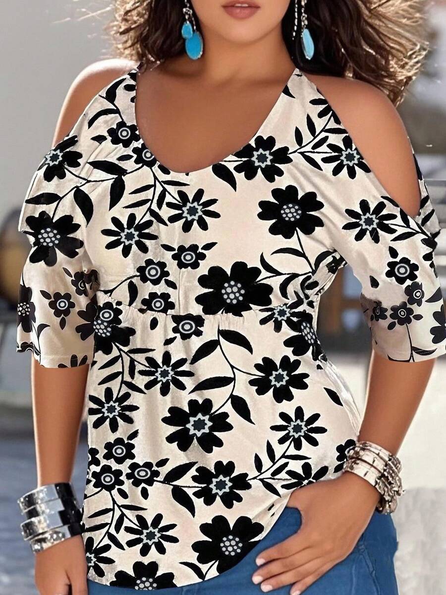 INAWLY Solva Plus Size Summer Casual Floral Print Cold-Shoulder Top