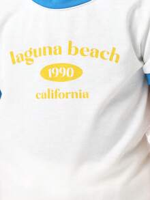 SUMWON Girls Retro California T-Shirt Summer Beach Laguna Graphic Print Cotton Ringer Tee With Blue Trim Youth Fashion Casual Wear Classic Fit - White - View 4