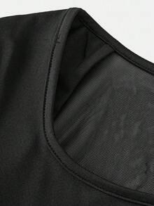 SHEIN 女童优雅方领泡泡袖长袖纯黑色迷你连衣裙 - 黑色 - 查看 5