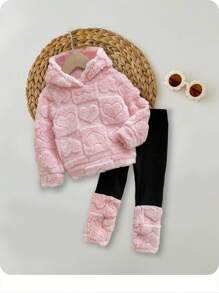 2 件套女婴可爱粉色蓬松连帽衫和裤子套装，秋冬女婴冬季服装幼儿女童冬季服装女童冬季服装套装两件套女婴冬季服装女婴秋季保暖衣服套装