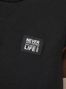 SHEIN 2 件儿童休闲针织拼接圆领长袖运动衫和裤子套装，适合通勤、上学、日常休闲、学院风，适合儿童装年轻男孩衣服返校男孩套装，适合生日派对、晚会、婚礼、洗礼、开学典礼、日常校服、旅游、运动、秋冬季节，羊毛，加厚 - 黑色 - 查看 4