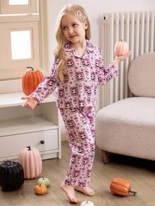 2pcs/Set Young Girl' Purple Pumpkin Lantern & Star Print Long Sleeve Cardigan And Pants Pajama Set,Cute Halloween Purple Pumpkin Pattern - Purple - View 5