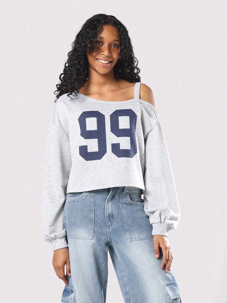 Haut court à épaules dénudées avec imprimé numéro universitaire