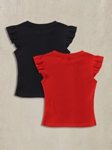 Soleia 2件套黑色和红色罗纹针织船领紧身T恤夏季 - 彩色 - 查看 2