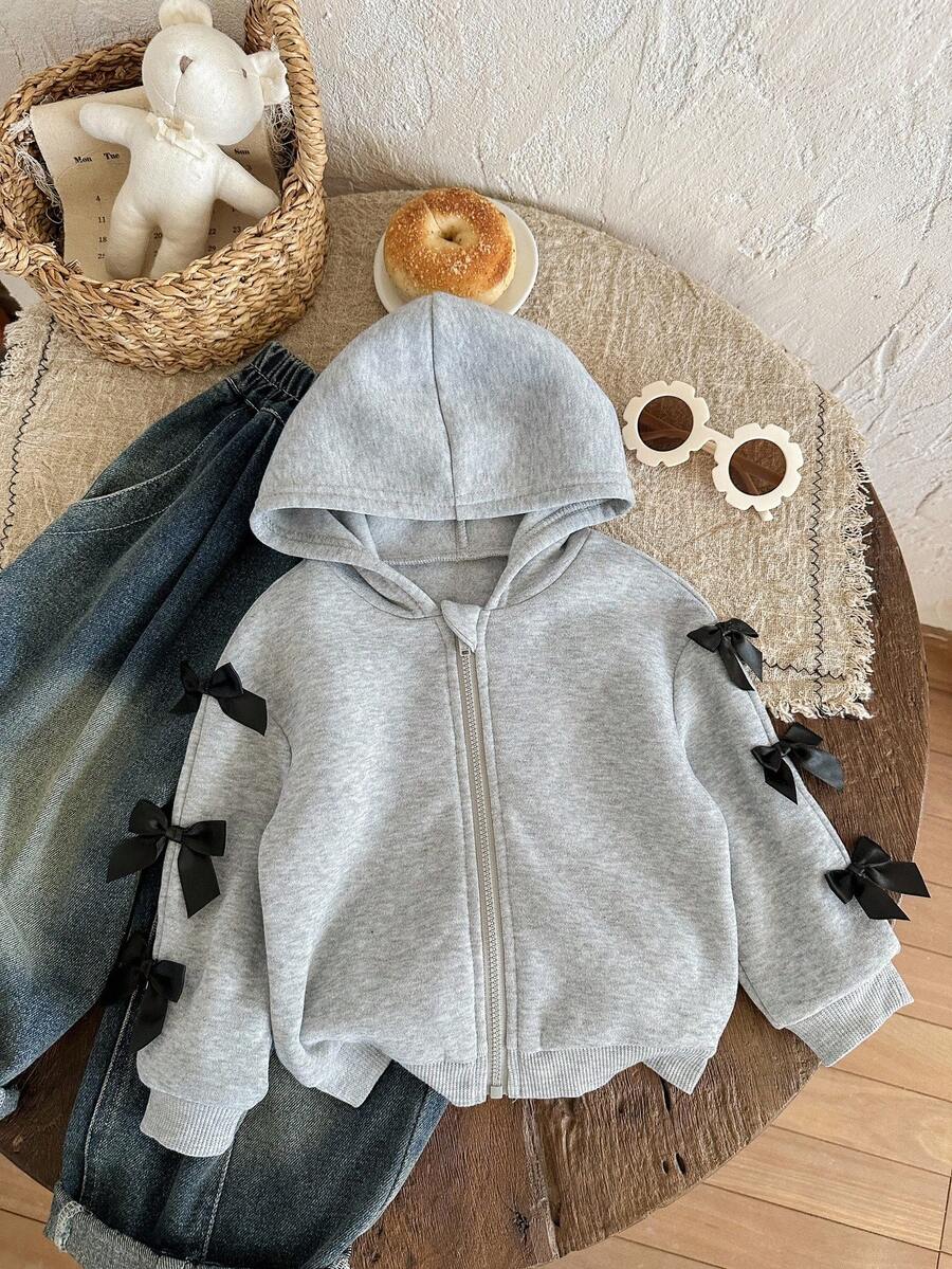 Sweatshirt Berkerudung dengan Hiasan Pita untuk Bayi Perempuan & Balita Perempuan, Cocok untuk Dipakai Sehari-hari, di Musim Gugur/Musim Dingin - Grey - View 1