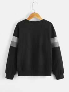 Sweatshirt Pullover Lengan Panjang Warna Hitam Blok dengan Detail Patch Dinosaurus, Kasual Sehari-hari, Kerah Bulat, Anak-anak, Musim Dingin, Musim Gugur - Hitam - View 2