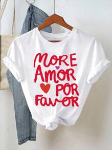 SHEIN 女式夏季标语印花短袖 T 恤和条纹短裤休闲两件套 - 紅色 - 查看 4