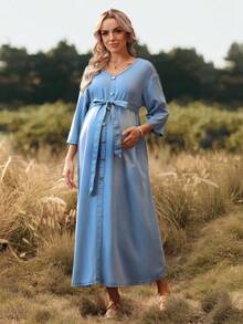 SHEIN Maternity Casual Front Button Denim Dress