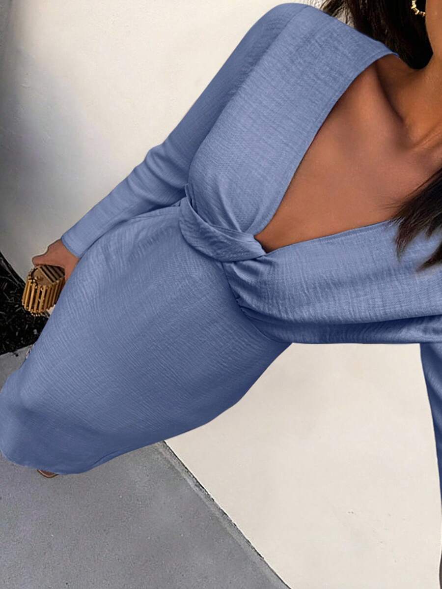 EMERY ROSE 女士优雅简约纯色深V领修身中长连衣裙，春秋季