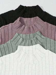SHEIN LUNE 4pcs Fall Solid Rib-Knit Mock Neck Long Sleeve Tee