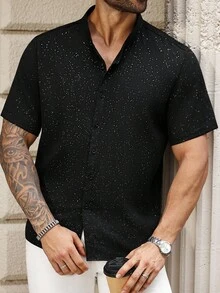 Manfinity Homme 夏季大码男士休闲前扣短袖衬衫 - 黑色 - 查看 6
